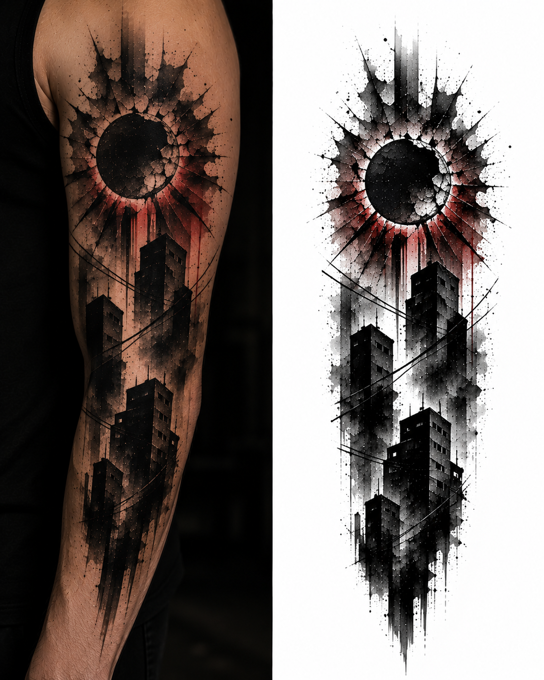 Black Sun Over Blocks tattoo model preview
